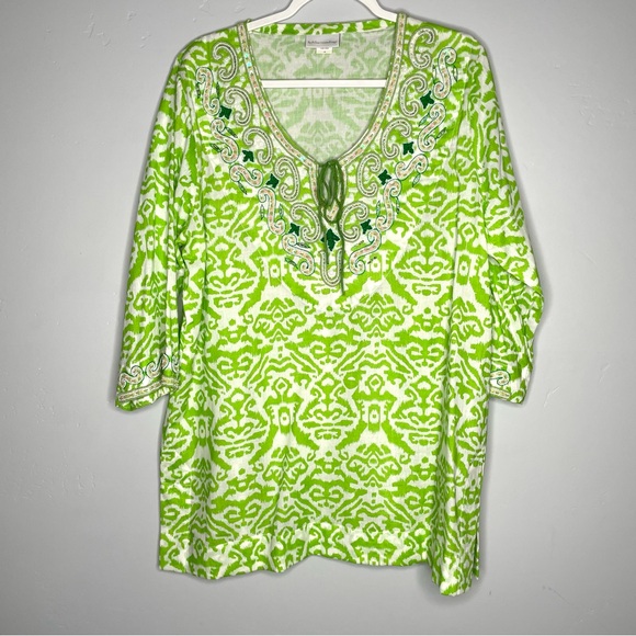 Soft Surroundings Tops - Soft Surroundings Beaded Tunic‎ Top Size 1X 3/4 Sleeve Green White Pattern Plus